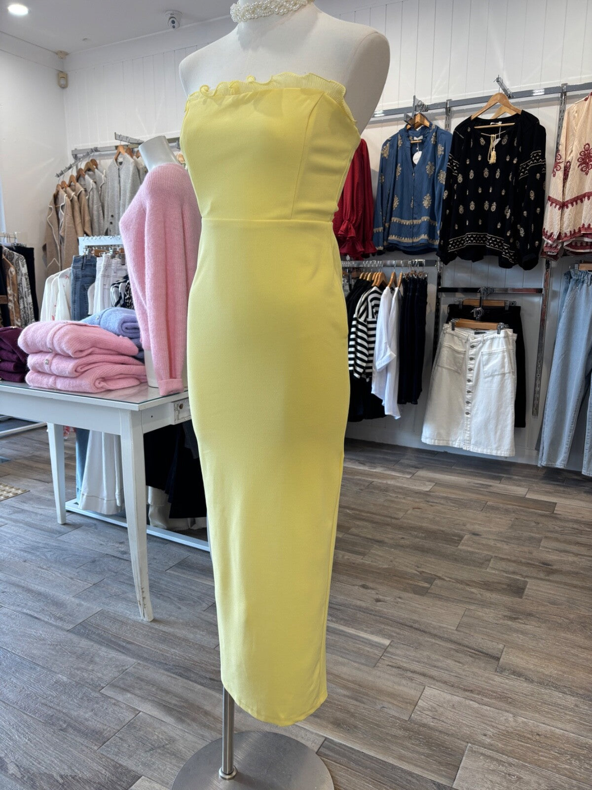 Yellow Strapless Bodycon Midi Dress | Ruffle Trim | Here Comes The Sun | Stretch
