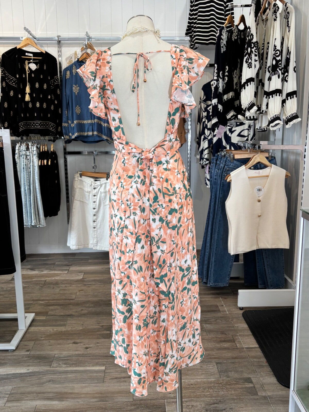 Floral Peach Midi Dress | Open Back | Ruffle Sleeves | Summer Party | Size 6–12
