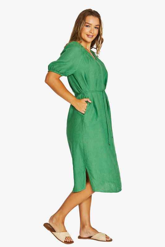 Gather V-Neck Linen Dress - Leaf