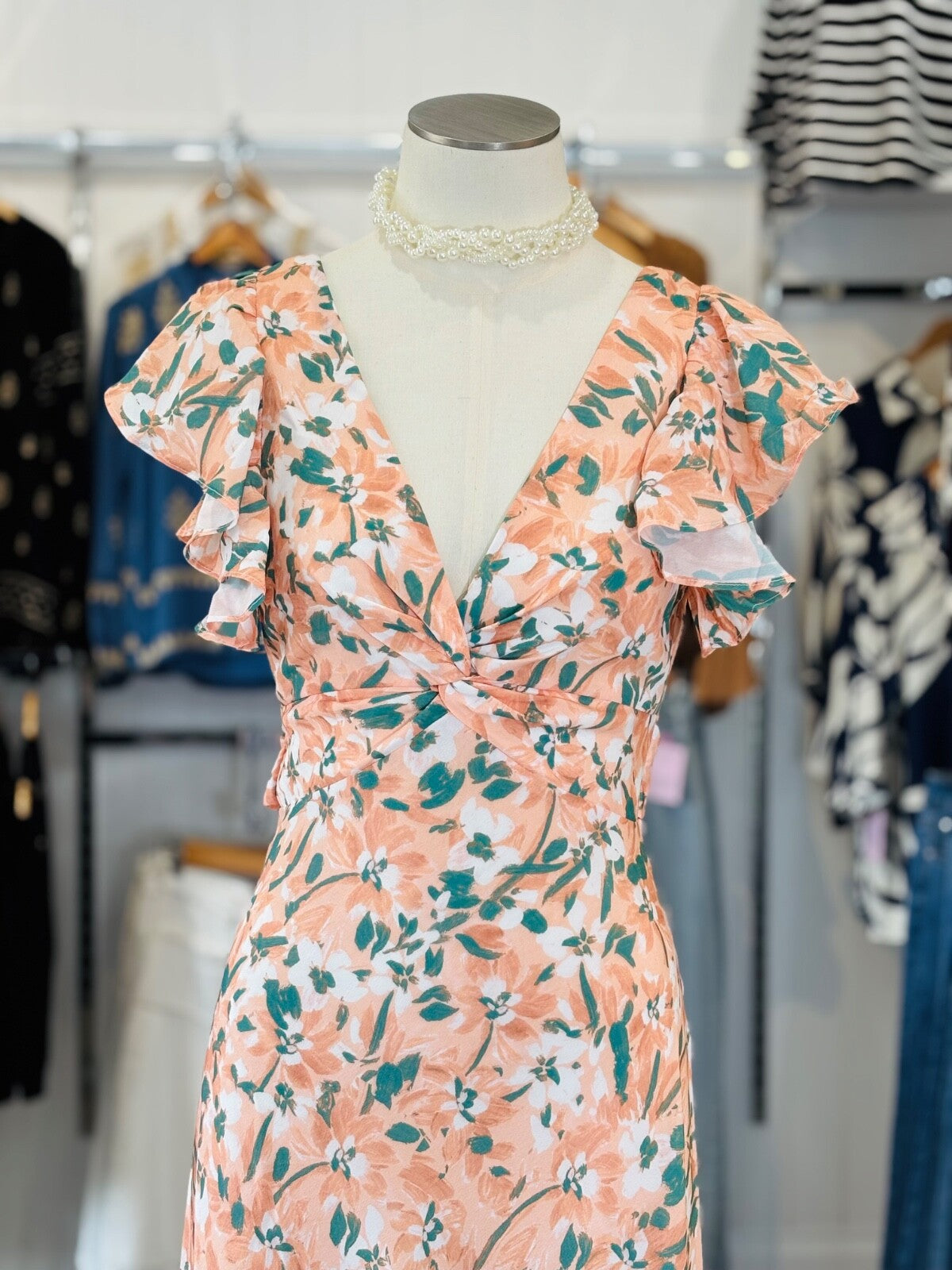 Floral Peach Midi Dress | Open Back | Ruffle Sleeves | Summer Party | Size 6–12