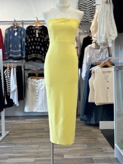 Yellow Strapless Bodycon Midi Dress | Ruffle Trim | Here Comes The Sun | Stretch