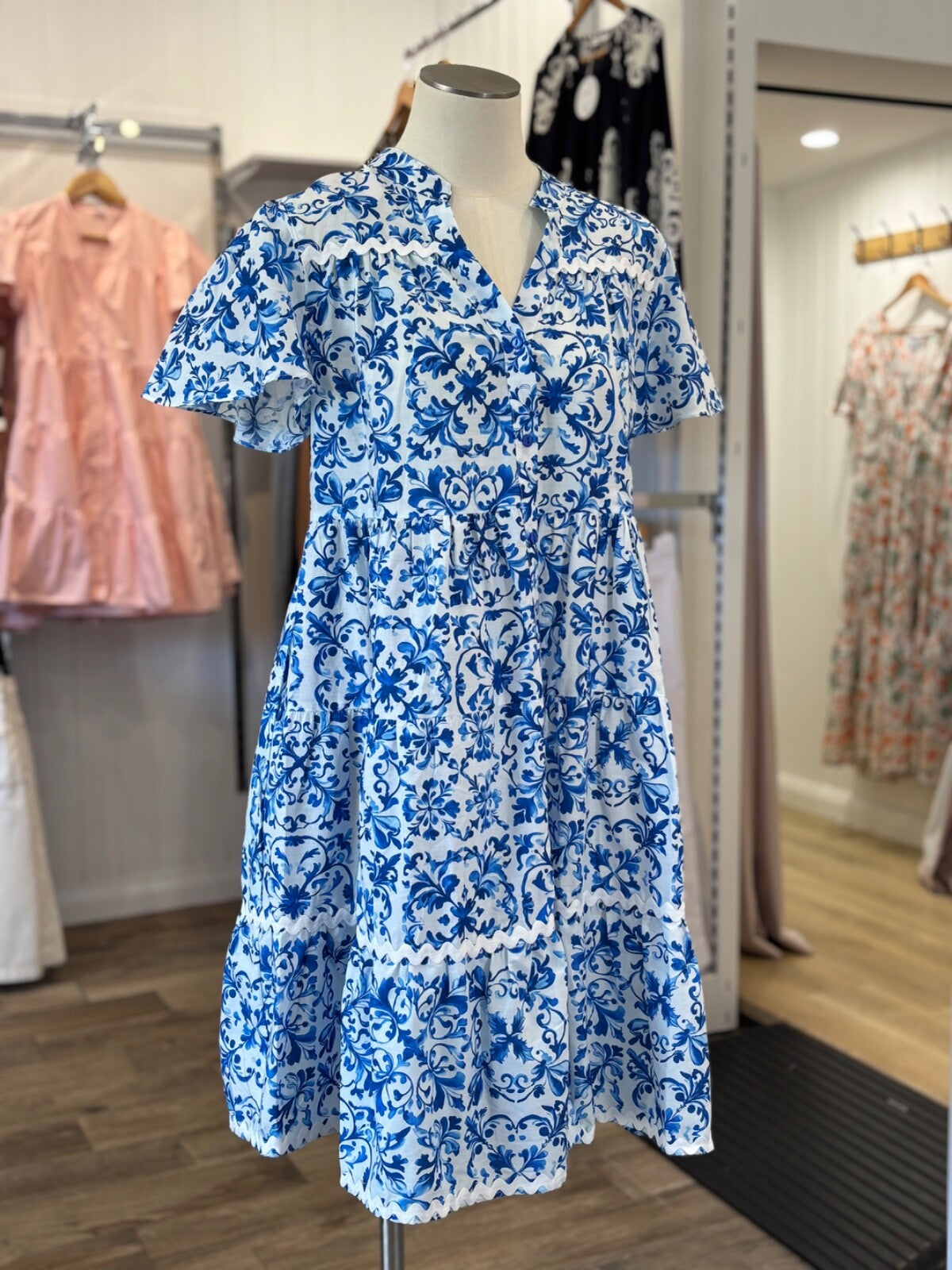 Boho Australia Cotton Dress | Blue Tile Print | Pockets | Button Front | Ric Rac