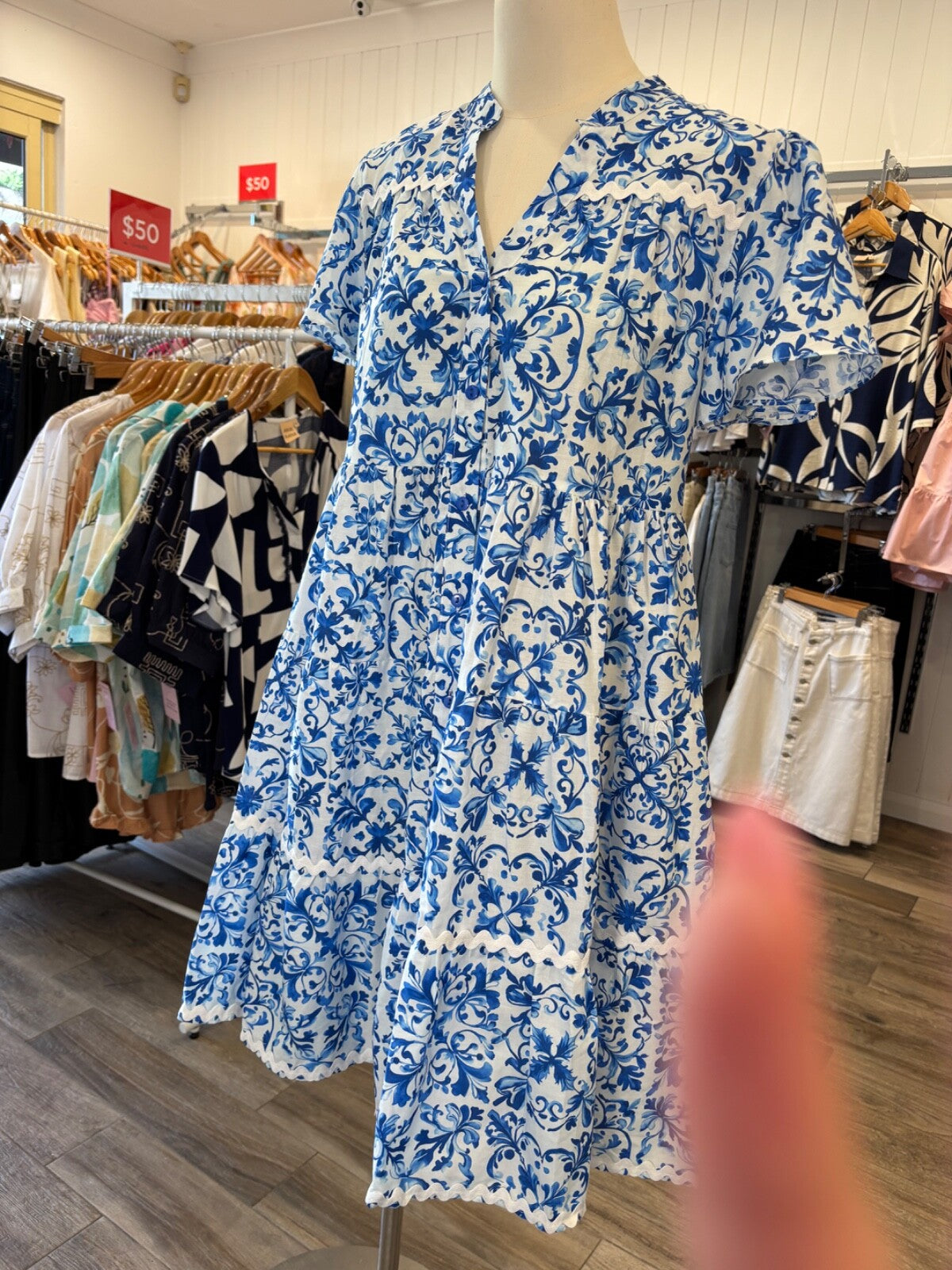 Boho Australia Cotton Dress | Blue Tile Print | Pockets | Button Front | Ric Rac