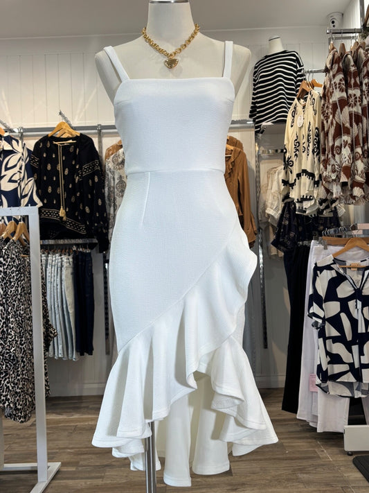 White Sculpted Ruffle Midi Dress | Thick Stretch Fabric | Invisible Back Zip