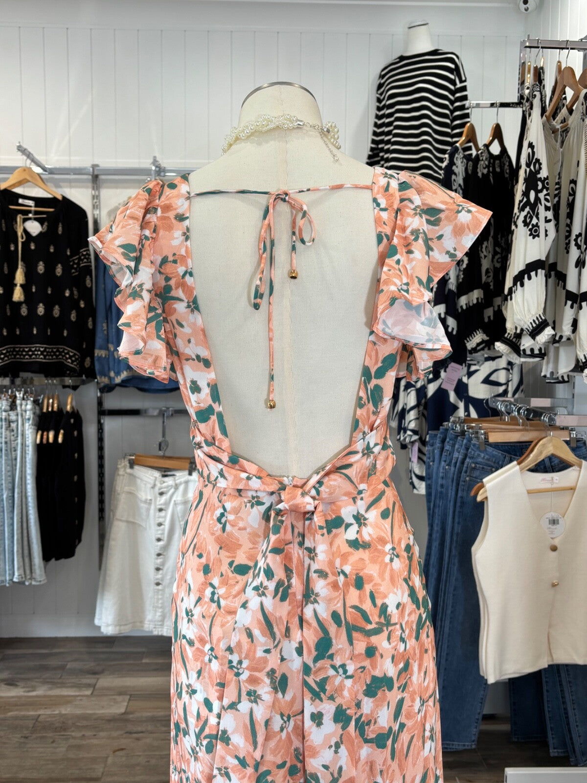 Floral Peach Midi Dress | Open Back | Ruffle Sleeves | Summer Party | Size 6–12