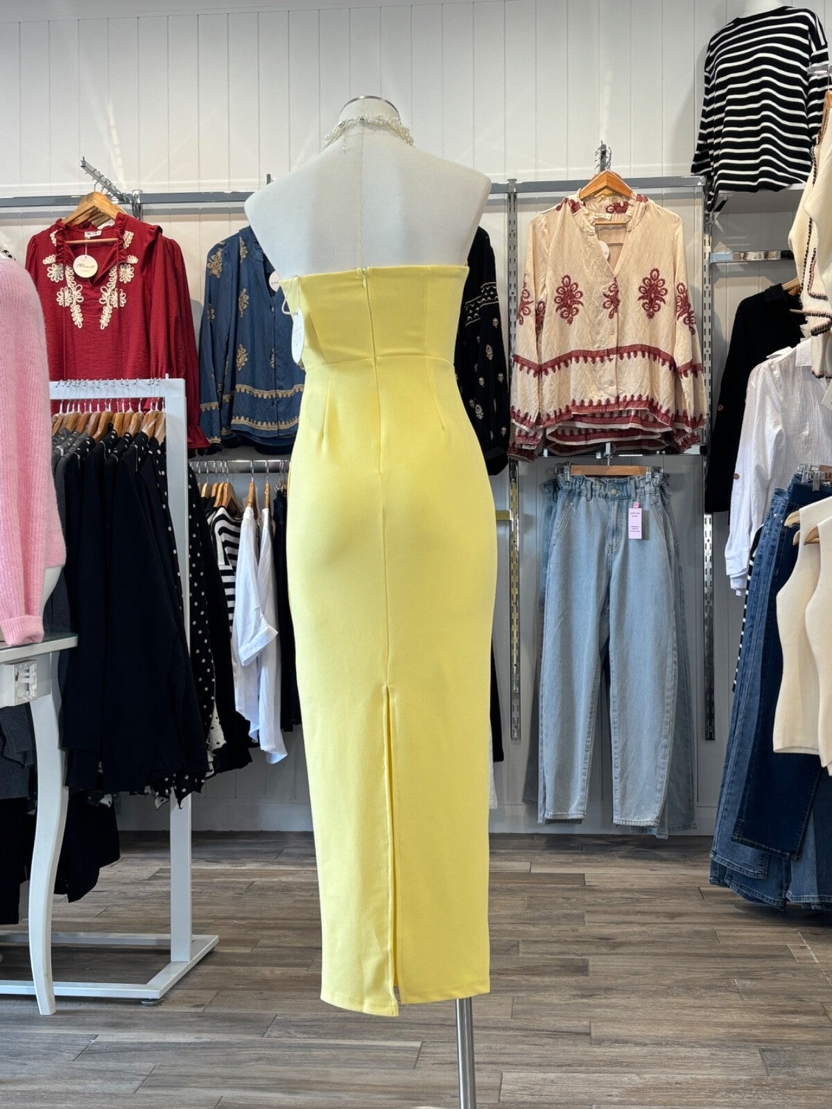 Yellow Strapless Bodycon Midi Dress | Ruffle Trim | Here Comes The Sun | Stretch