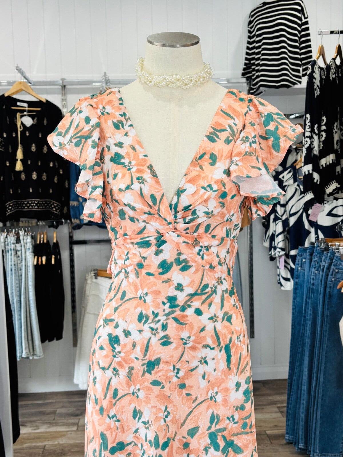Floral Peach Midi Dress | Open Back | Ruffle Sleeves | Summer Party | Size 6–12