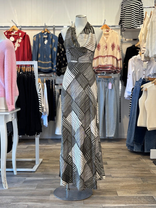 Here Comes The Sun | Brown & Khaki Dash Print Maxi Dress | Halter Neck