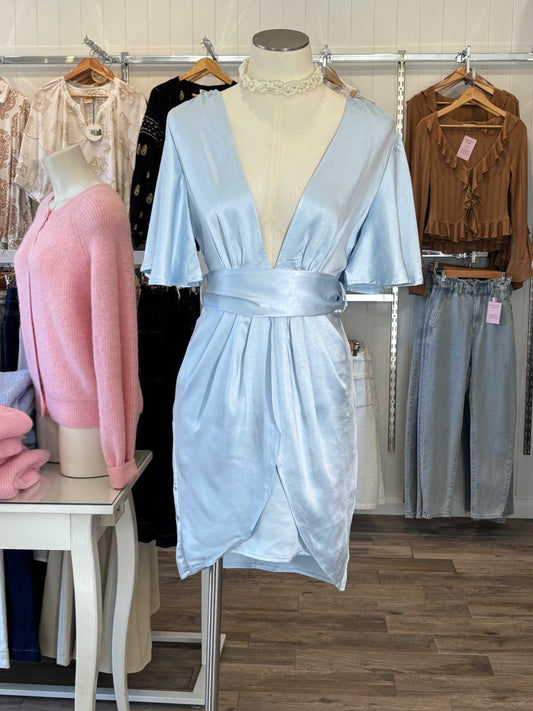 Baby Blue Satin Mini Dress | Here Comes The Sun | Plunge Neck | Wrap Skirt