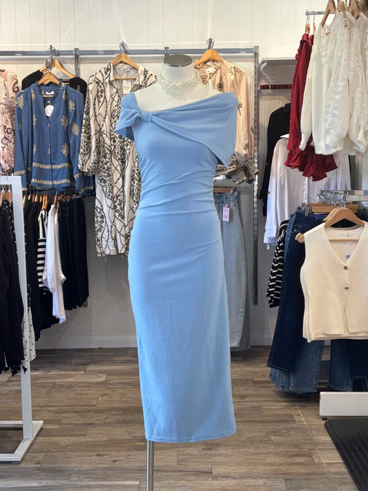 Powder Blue Folded Neck Midi Dress | Stretch Bodycon | Style State