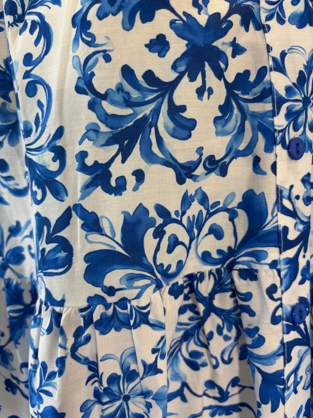 Boho Australia Cotton Dress | Blue Tile Print | Pockets | Button Front | Ric Rac