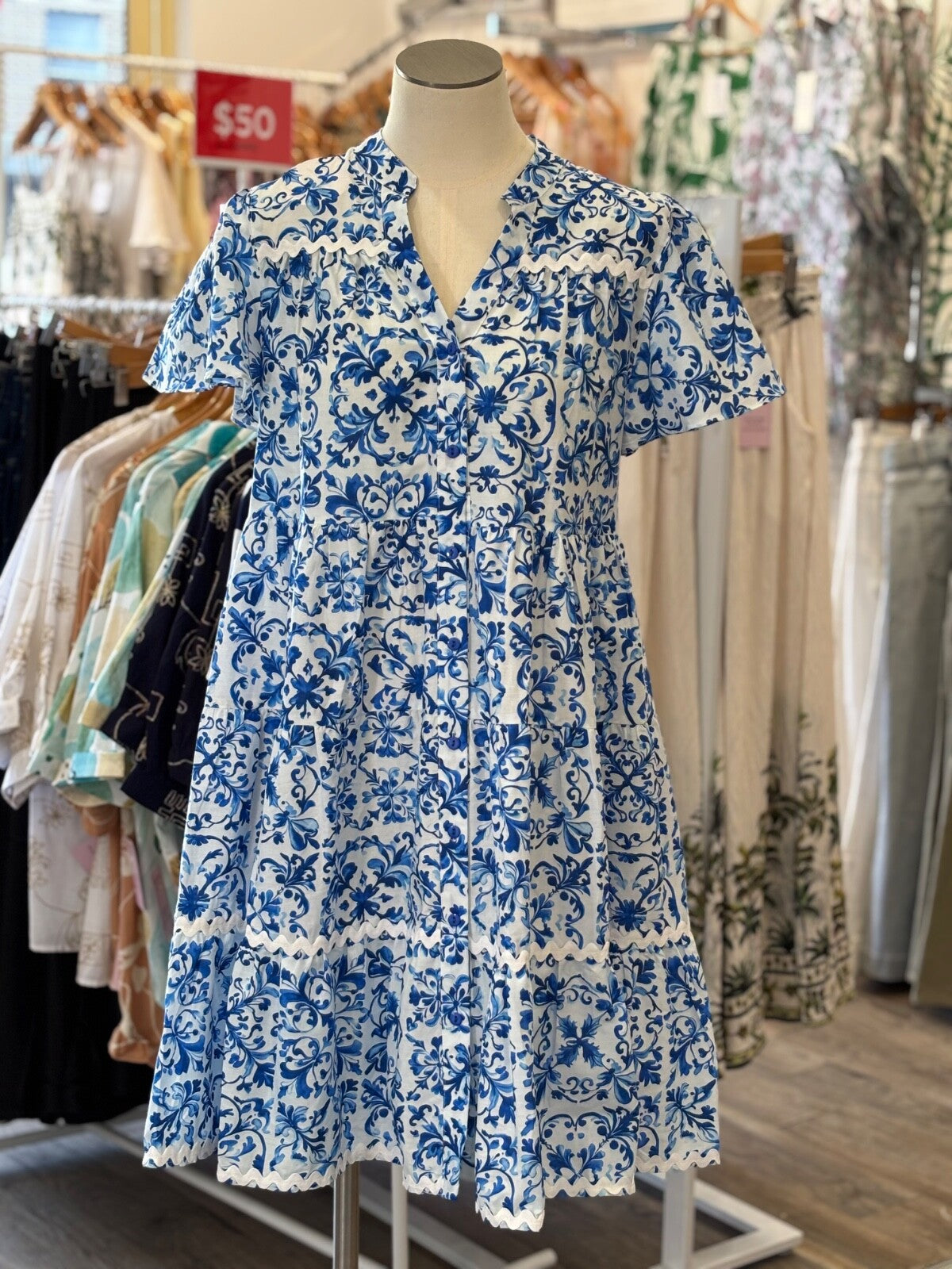 Boho Australia Cotton Dress | Blue Tile Print | Pockets | Button Front | Ric Rac