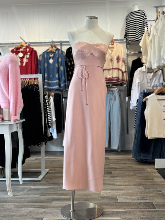 Blush Strapless Satin Party Dress | $45 | Tie Waist | Boned Bust