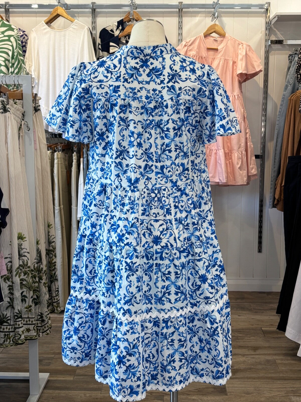 Boho Australia Cotton Dress | Blue Tile Print | Pockets | Button Front | Ric Rac