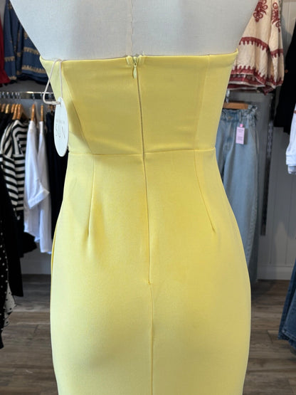 Yellow Strapless Bodycon Midi Dress | Ruffle Trim | Here Comes The Sun | Stretch