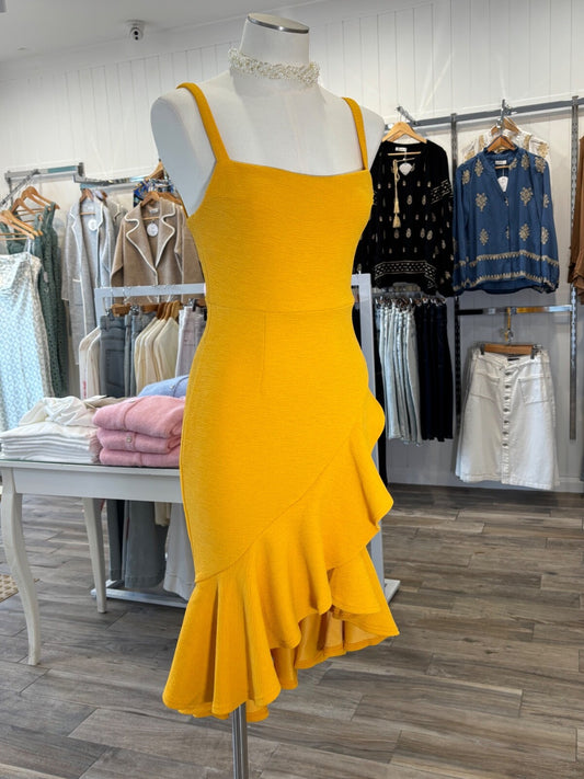 Yellow Ruffle Scuba Mini Dress | Here Come The Sun | Bodycon Fit | Zip Back