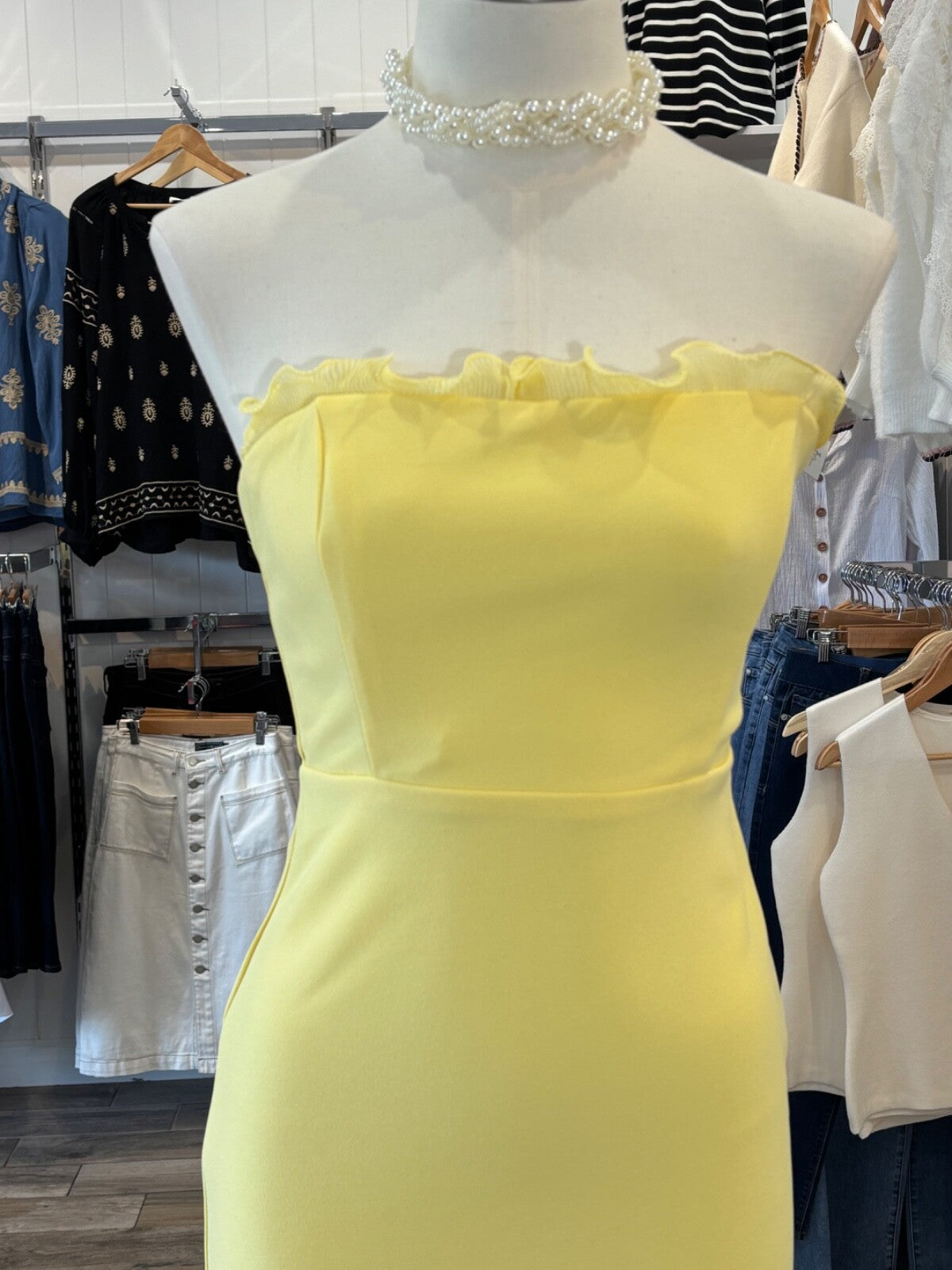 Yellow Strapless Bodycon Midi Dress | Ruffle Trim | Here Comes The Sun | Stretch