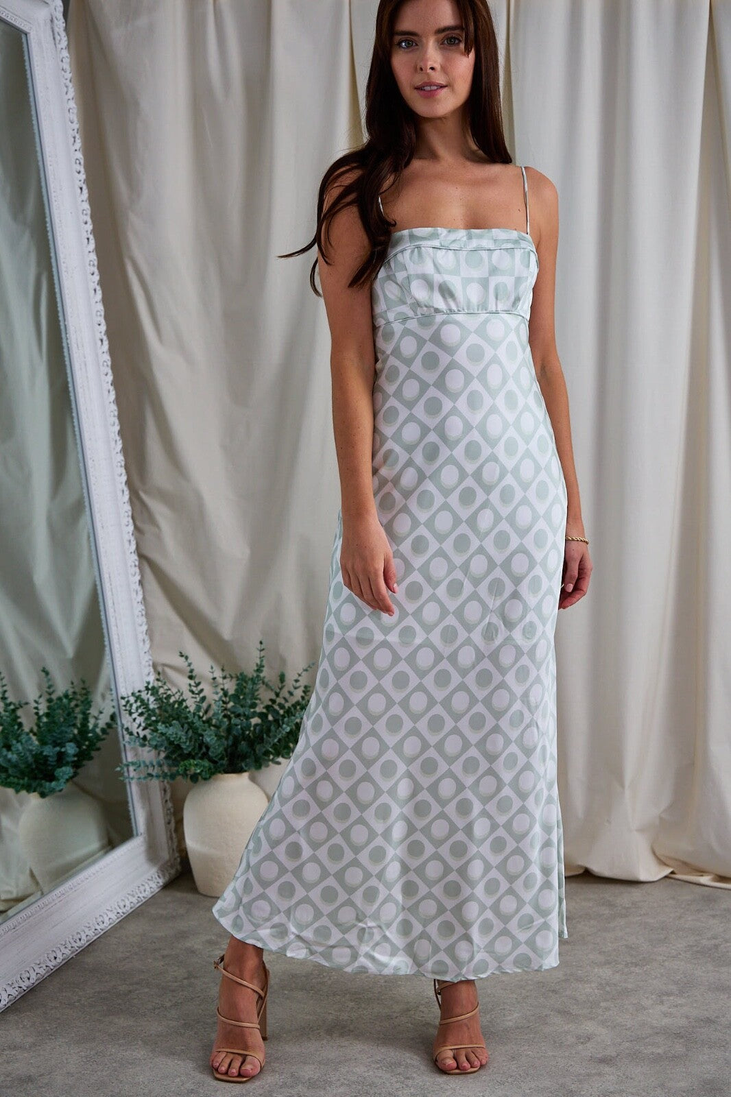 Retro Green Satin Maxi Dress