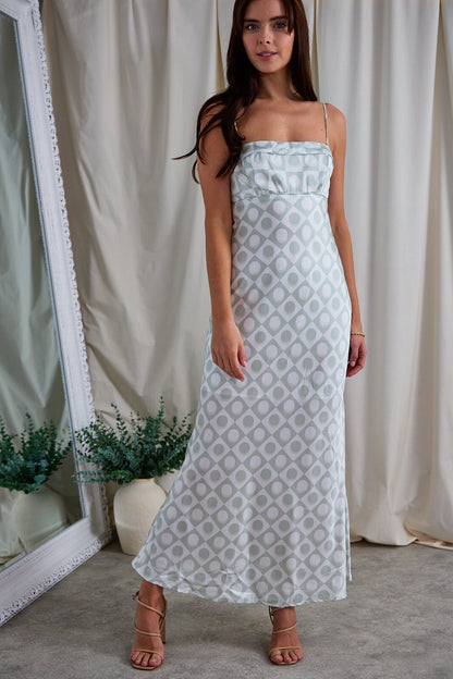 Retro Green Satin Maxi Dress