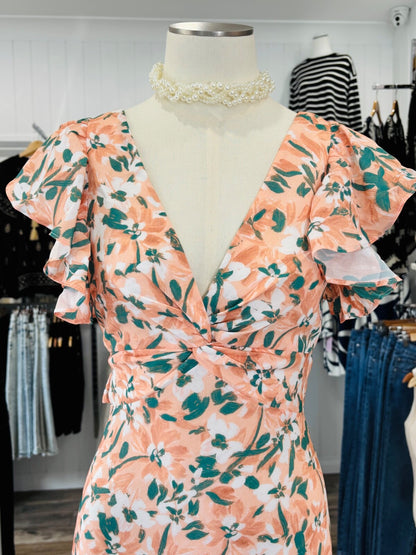 Floral Peach Midi Dress | Open Back | Ruffle Sleeves | Summer Party | Size 6–12