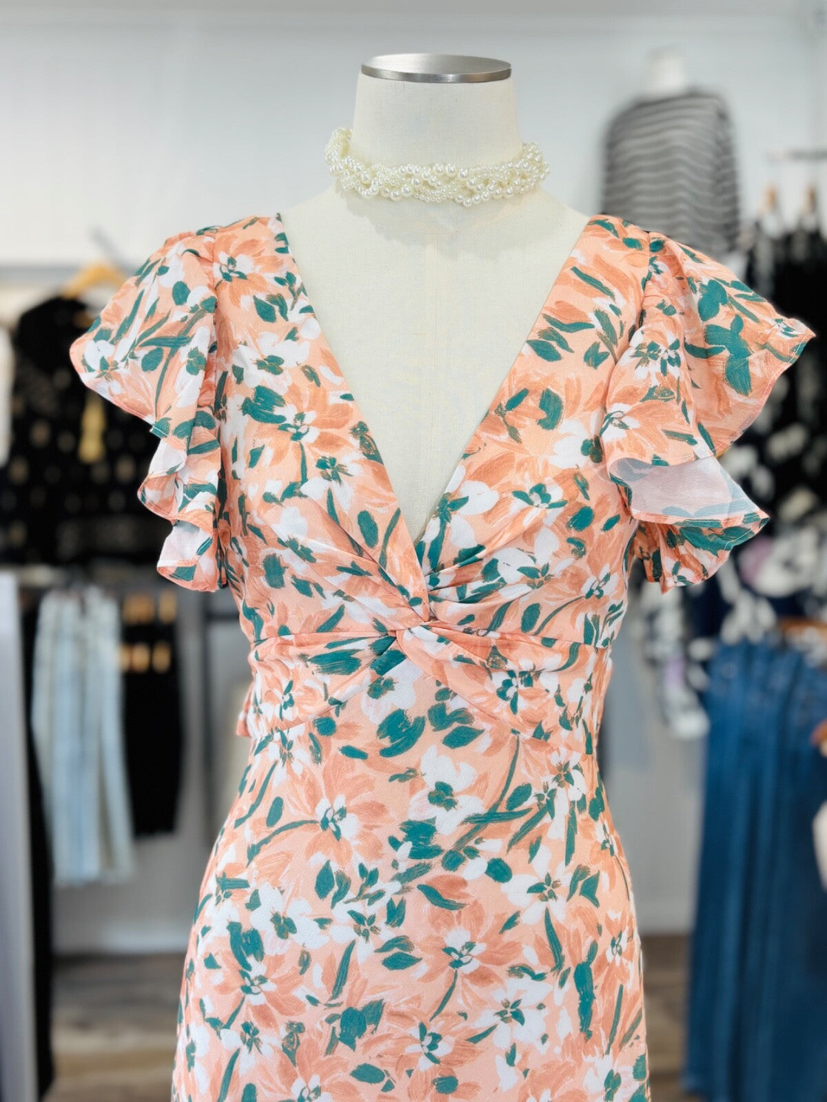 Floral Peach Midi Dress | Open Back | Ruffle Sleeves | Summer Party | Size 6–12