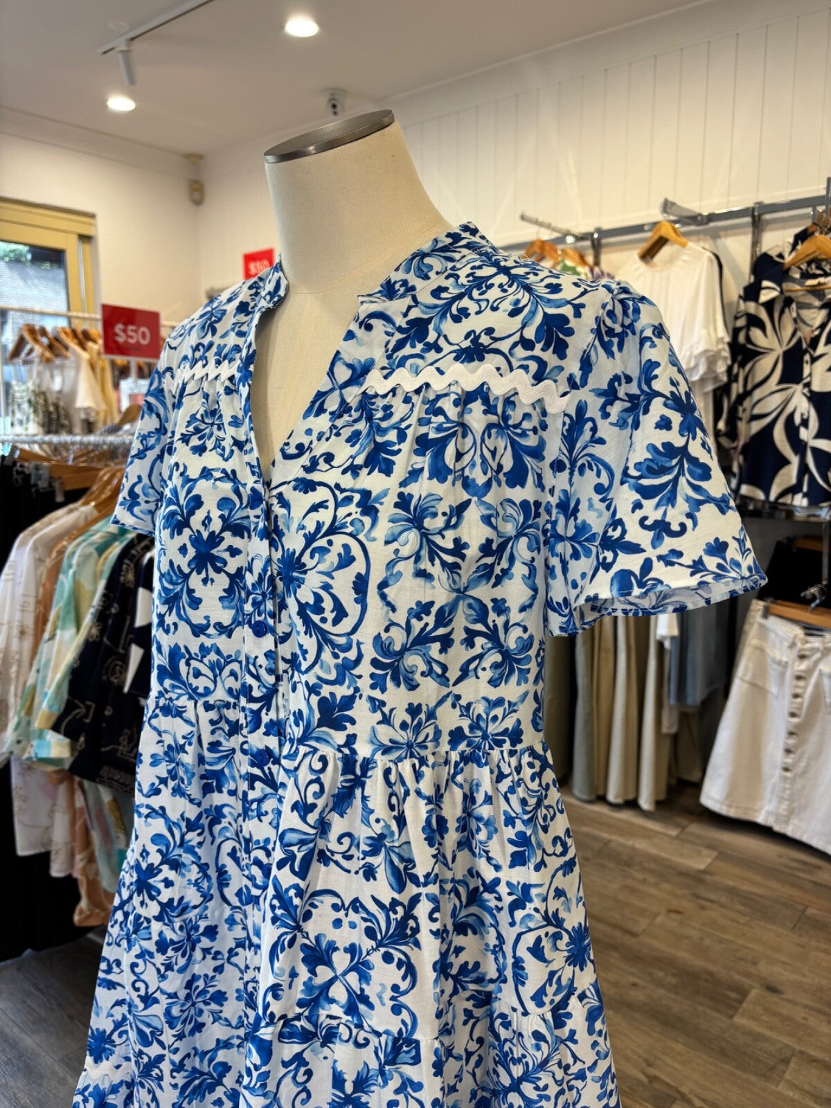 Boho Australia Cotton Dress | Blue Tile Print | Pockets | Button Front | Ric Rac