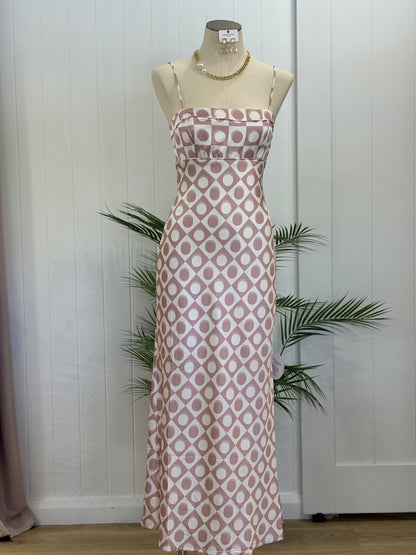 Retro Pink Satin Maxi Dress