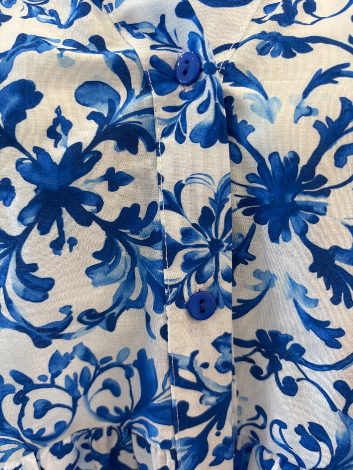 Boho Australia Cotton Dress | Blue Tile Print | Pockets | Button Front | Ric Rac