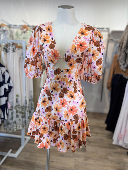 Floral Puff Sleeve Midi Dress Cut-Out Front | Lined | Zip | Cotton Blend