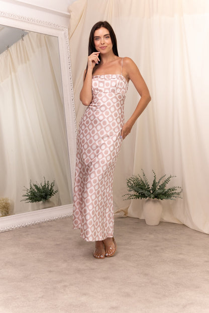 Retro Pink Satin Maxi Dress