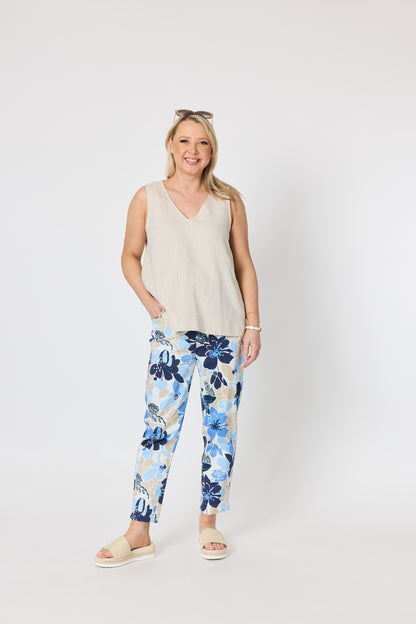 Amalfi Rose Floral Print Slim Leg Pant - Cornflower Multi