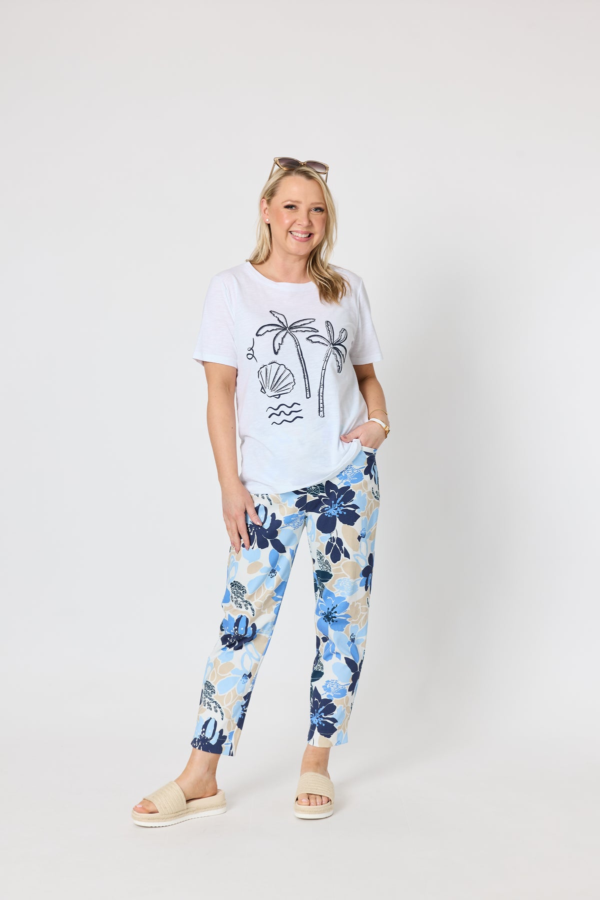 Amalfi Rose Floral Print Slim Leg Pant - Cornflower Multi