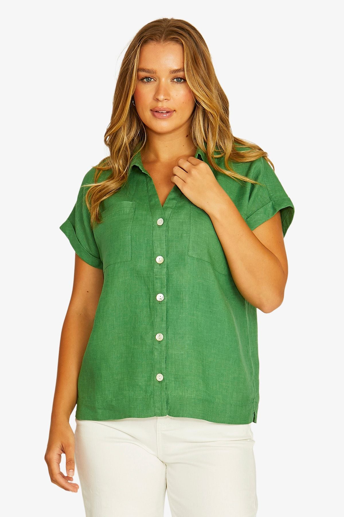 Open Neck Short Sleeve Linen Shirt