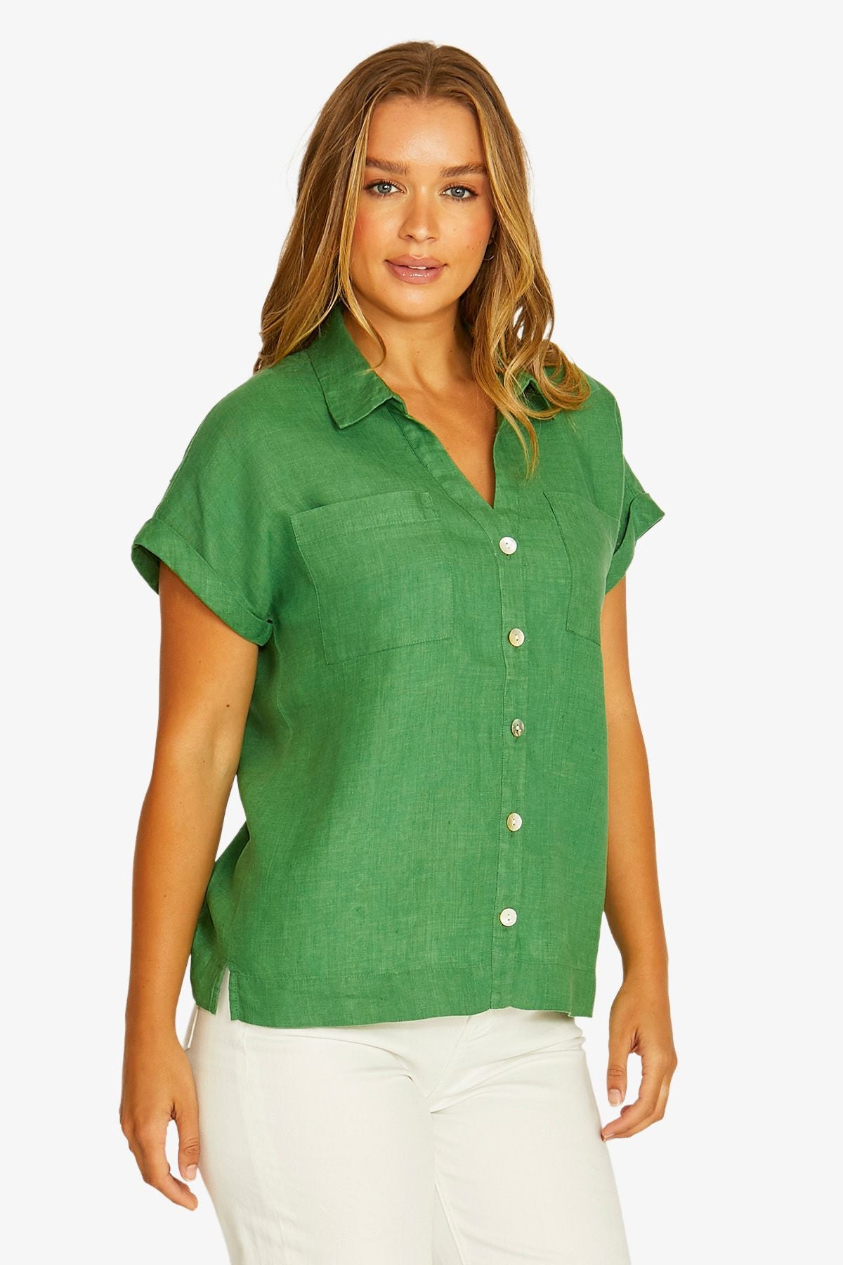 Open Neck Short Sleeve Linen Shirt