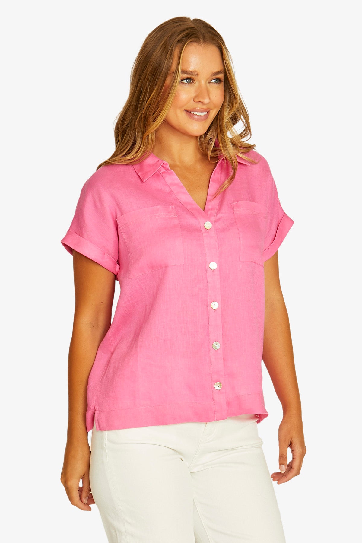 Open Neck Short Sleeve Linen Shirt