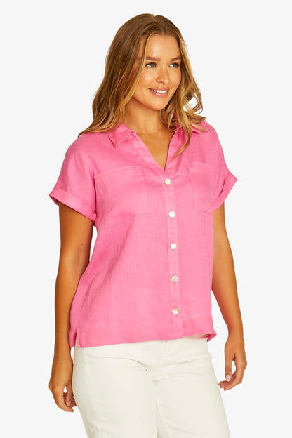 Open Neck Short Sleeve Linen Shirt
