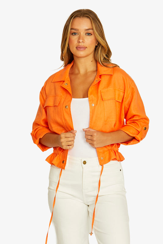 Linen Drawstring Jacket - Tigerlily Orange