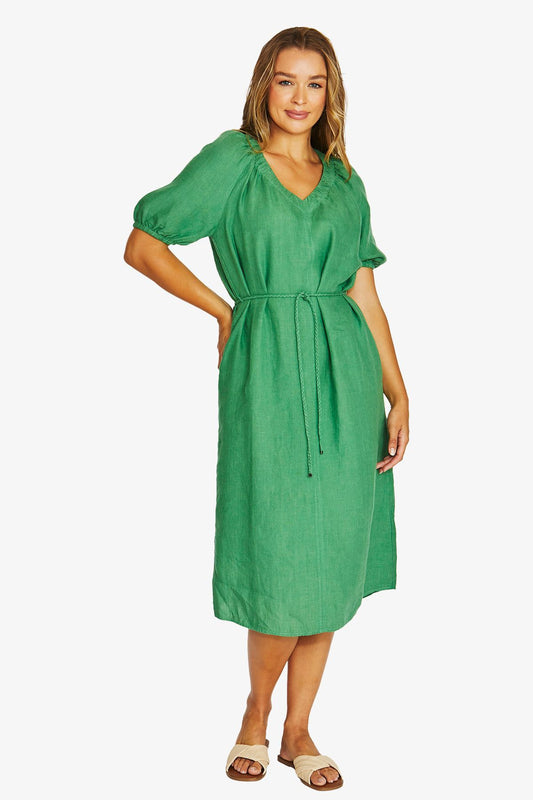 Gather V-Neck Linen Dress - Leaf