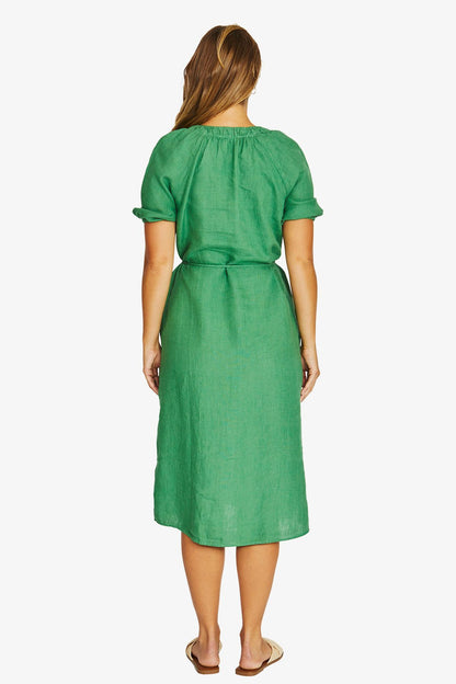 Gather V-Neck Linen Dress - Leaf