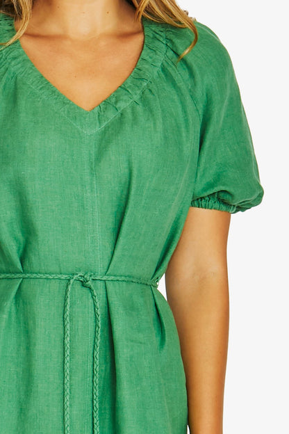 Gather V-Neck Linen Dress - Leaf