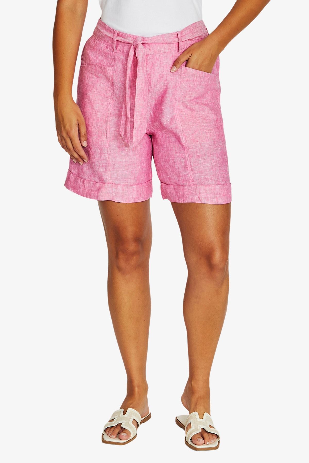 Seam Detail Linen Short - Hibiscus