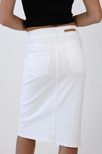 Coastal Stitch White Denim Midi Skirt