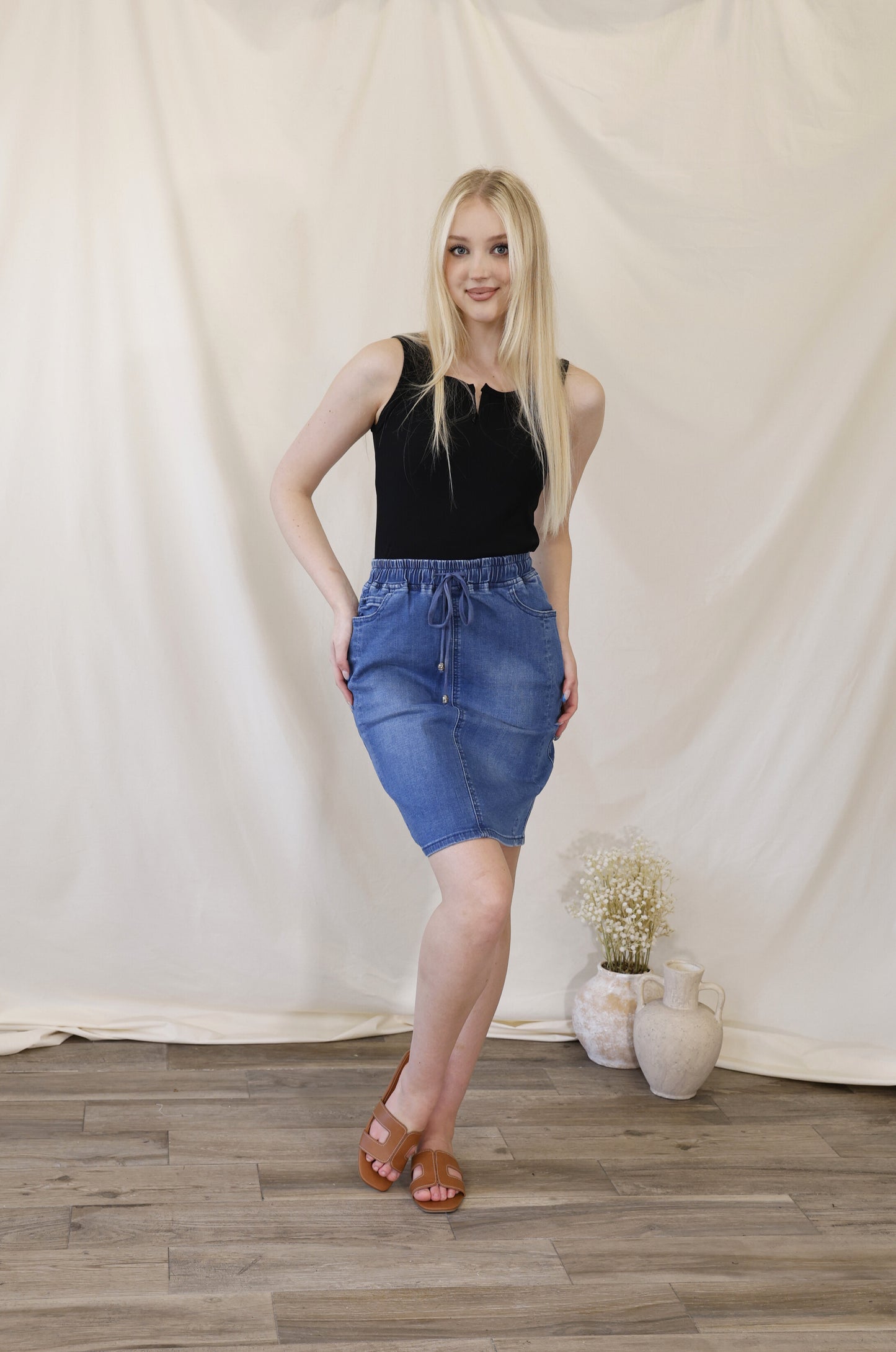 Denim Drawstring Pencil Skirt
