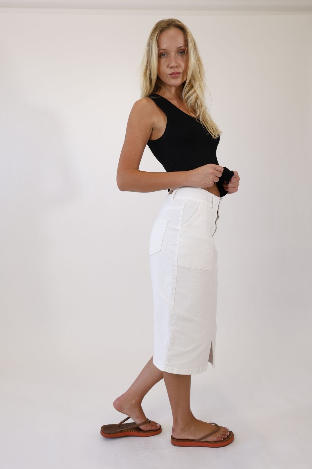 Coastal Stitch White Denim Midi Skirt
