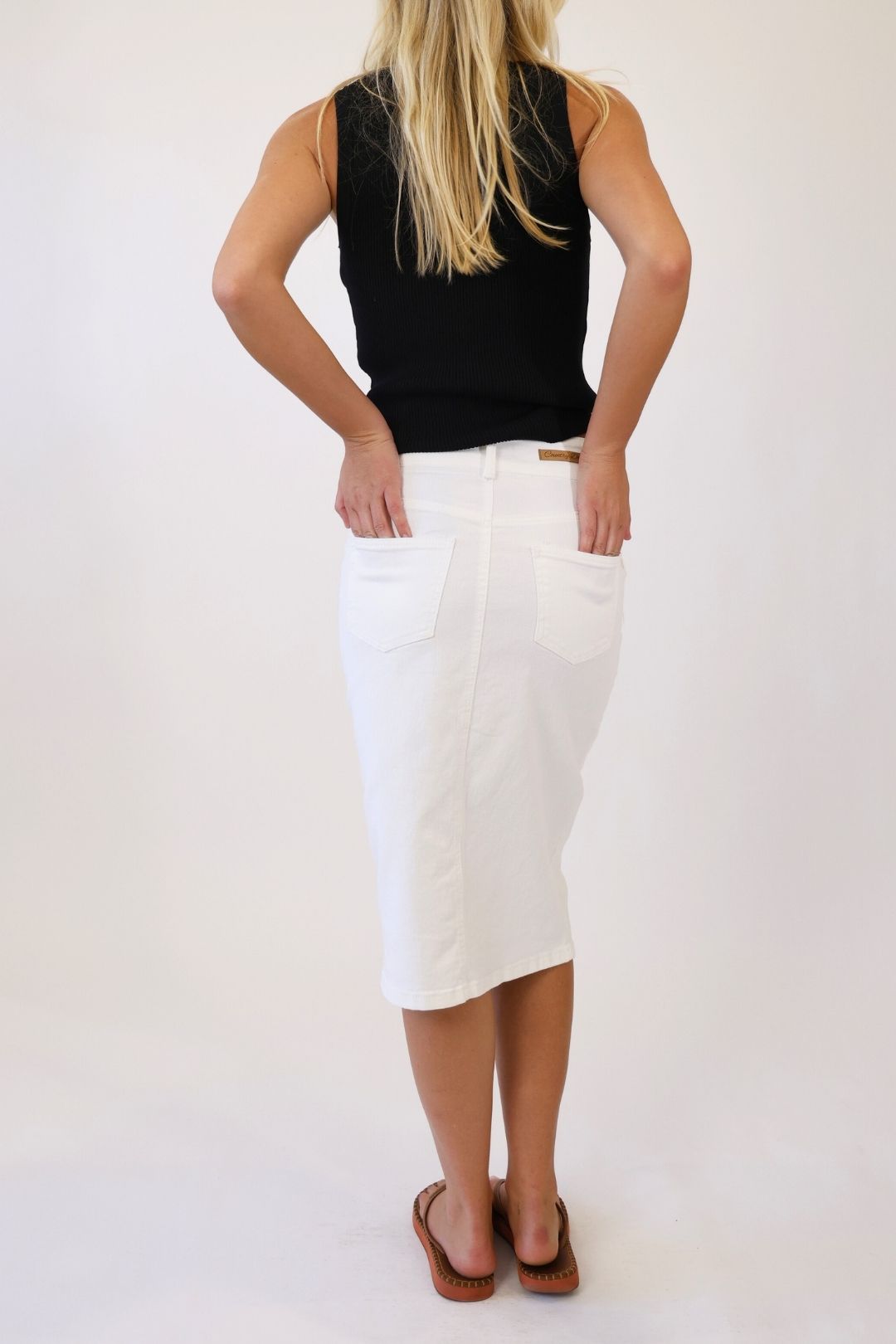 Coastal Stitch White Denim Midi Skirt