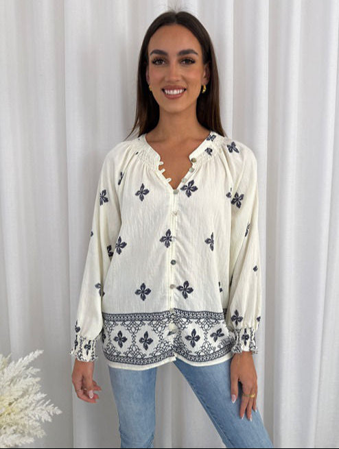 Navy Floral Border Blouse – Cream