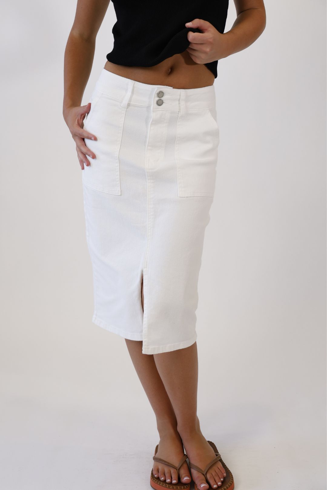 Coastal Stitch White Denim Midi Skirt