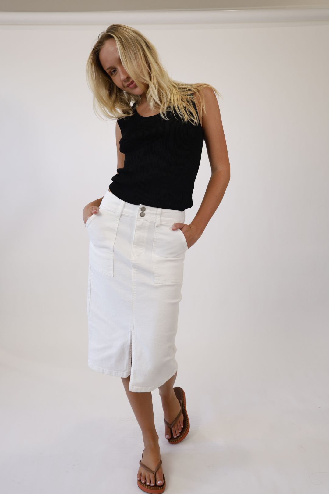 Coastal Stitch White Denim Midi Skirt