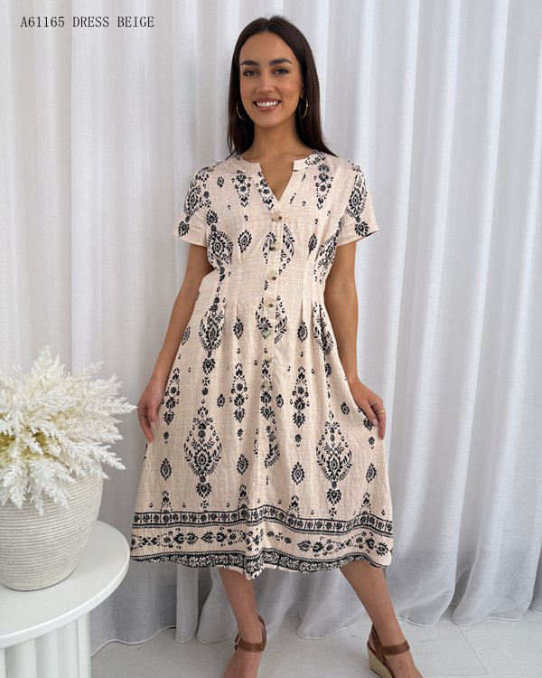 Coastal Charm Midi Dress in Beige