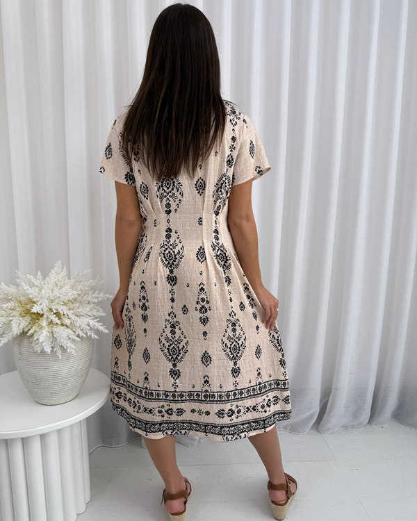 Coastal Charm Midi Dress in Beige